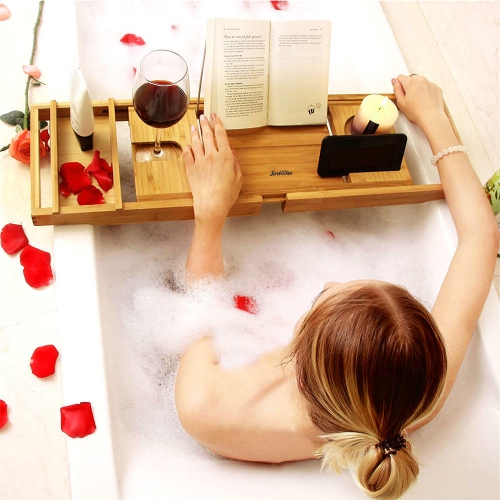 Bathtub Tray Caddy, Expandable Bath Tray, Bamboo Bath Table with Reading Rack, Slide-in Glass Holder and Phone Holder