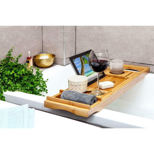 Bathtub Tray Caddy, Expandable Bath Tray, Bamboo Bath Table with Reading Rack, Slide-in Glass Holder and Phone Holder