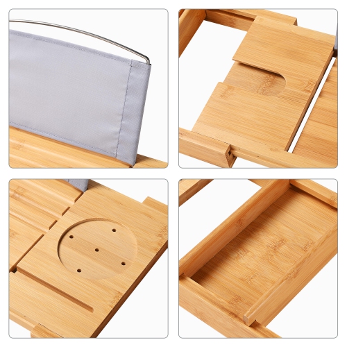 Bathtub Tray Caddy, Expandable Bath Tray, Bamboo Bath Table with Reading Rack, Slide-in Glass Holder and Phone Holder