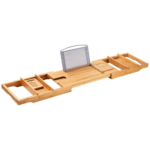 Bathtub Tray Caddy, Expandable Bath Tray, Bamboo Bath Table with Reading Rack, Slide-in Glass Holder and Phone Holder