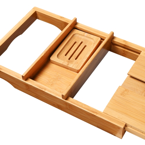 Bathtub Tray Caddy, Expandable Bath Tray, Bamboo Bath Table with Reading Rack, Slide-in Glass Holder and Phone Holder