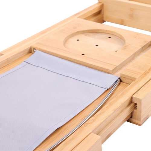 Bathtub Tray Caddy, Expandable Bath Tray, Bamboo Bath Table with Reading Rack, Slide-in Glass Holder and Phone Holder