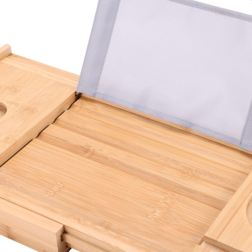 Bathtub Tray Caddy, Expandable Bath Tray, Bamboo Bath Table with Reading Rack, Slide-in Glass Holder and Phone Holder