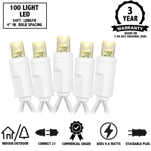 Novelty Lights 34ft Christmas String Lights, 100 LED Bulbs on White Wire, 4" Spacing, Connectable Indoor Outdoor Commercial Grade Lighting for