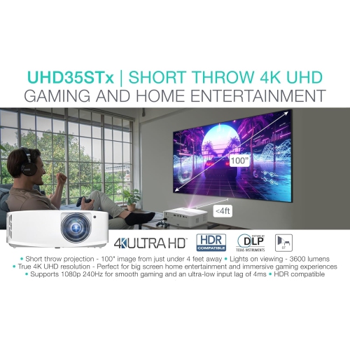Optoma UHD35STx Short Throw True 4K UHD Gaming and Home Entertainment Projector