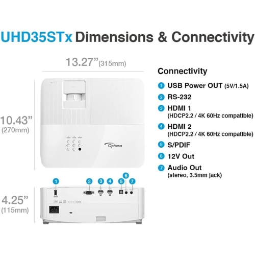 Optoma UHD35STx Short Throw True 4K UHD Gaming and Home Entertainment Projector