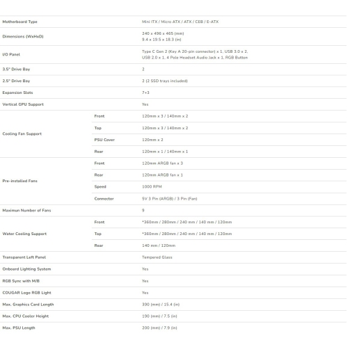 Cougar Duoface Pro RGB Mid Tower ATX Computer Case, Tempered Glass Side Panel, 4x 120mm ARGB Fans Pre-Installed, Black
