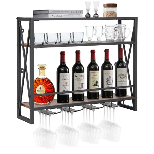 Gymax Wall Mounted Wine Rack Industrial 3-Tier Shelf with Glass Holders for Kitchen