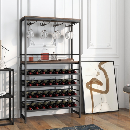 Gymax 32 Bottles Wine Rack Rustic Wine Storage Holder Freestanding W/ Glass Holder
