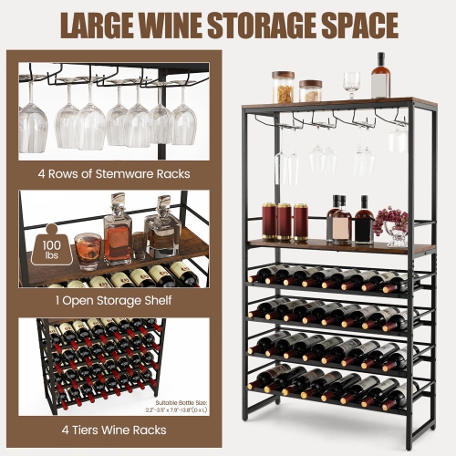 Gymax 32 Bottles Wine Rack Rustic Wine Storage Holder Freestanding W/ Glass Holder