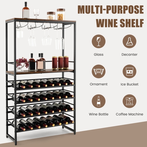 Gymax 32 Bottles Wine Rack Rustic Wine Storage Holder Freestanding W/ Glass Holder