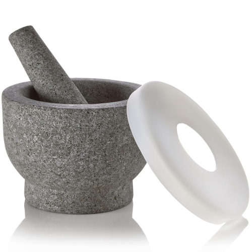 6" Granite Mortar and Pestle - 2-Cup Capacity Unpolished Granite Molcajete w/Silicone Lid - Grinder & Crusher for Mixing, Blending, Grinding,