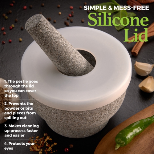 6" Granite Mortar and Pestle - 2-Cup Capacity Unpolished Granite Molcajete w/Silicone Lid - Grinder & Crusher for Mixing, Blending, Grinding,