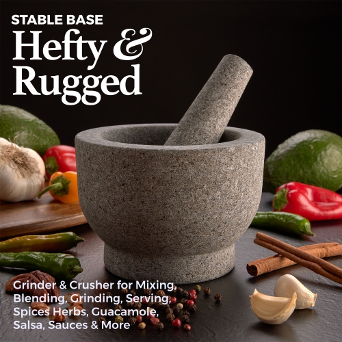 6" Granite Mortar and Pestle - 2-Cup Capacity Unpolished Granite Molcajete w/Silicone Lid - Grinder & Crusher for Mixing, Blending, Grinding,
