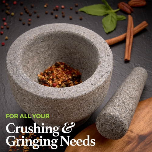 6" Granite Mortar and Pestle - 2-Cup Capacity Unpolished Granite Molcajete w/Silicone Lid - Grinder & Crusher for Mixing, Blending, Grinding,