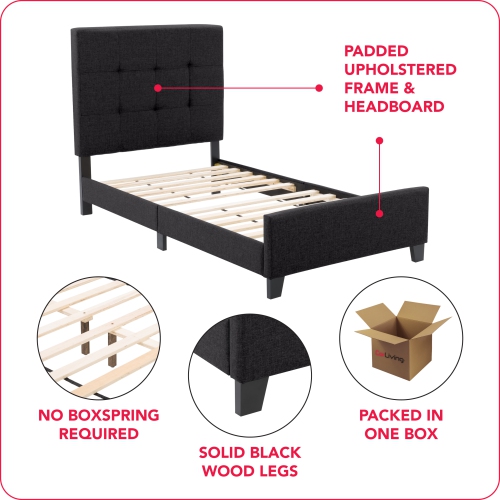 CorLiving Ellery Black Fabric Tufted Bed, Single