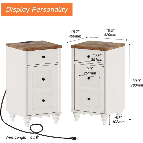 Ensemble WAMPAT de 2 tables d'extrémité avec station de chargement, tables de chevet en bois avec tiroir et armoire de rangement, tables d'appoint
