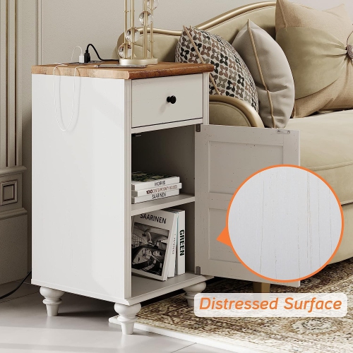 Ensemble WAMPAT de 2 tables d'extrémité avec station de chargement, tables de chevet en bois avec tiroir et armoire de rangement, tables d'appoint