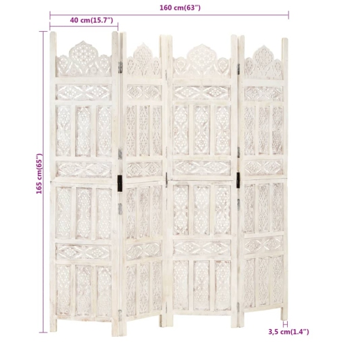 vidaXL Hand carved 4-Panel Room Divider White 160x165 cm Solid Mango Wood