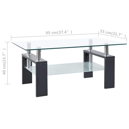 vidaXL Coffee Table, Tempered Glass Top, Center Table, 37.4''x21.7''x15.7'', Gray and Transparent