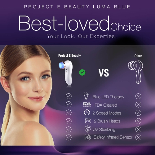 Project E Beauty LumaBlue | LED Light Therapy Cleansing Brush | Anti-Acne | Exfoliating Brush | Reduces Inflammation