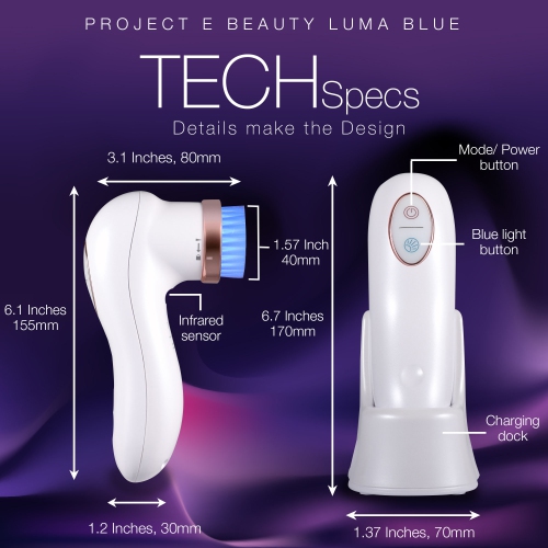 Project E Beauty LumaBlue | LED Light Therapy Cleansing Brush | Anti-Acne | Exfoliating Brush | Reduces Inflammation
