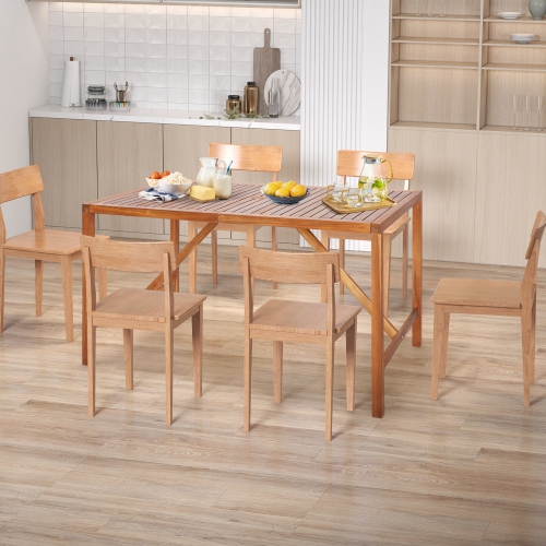 Table à manger rectangulaire en bois d'acacia avec surface à lattes spacieuse de Costway pour patio jusqu'à 6 personnes à l'extérieur