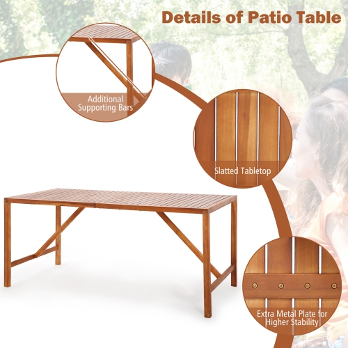 Table à manger rectangulaire en bois d'acacia avec surface à lattes spacieuse de Costway pour patio jusqu'à 6 personnes à l'extérieur