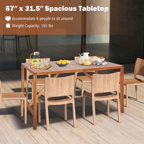 Table à manger rectangulaire en bois d'acacia avec surface à lattes spacieuse de Costway pour patio jusqu'à 6 personnes à l'extérieur