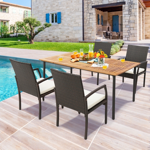 Costway Patio Rectangular Acacia Wood Dining Table with 1.9"Umbrella Hole Indoor&Outdoor