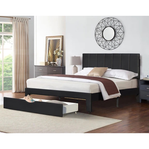 QUEENSONS  Miami Bed With Storage Drawer Black Pu