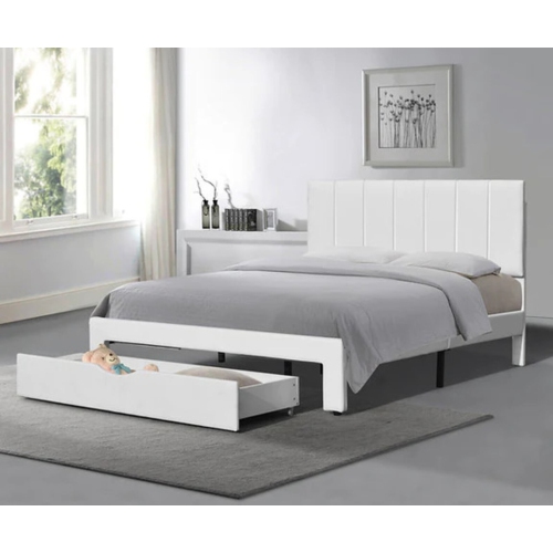 QUEENSONS  Miami Bed With Storage Drawer White Pu