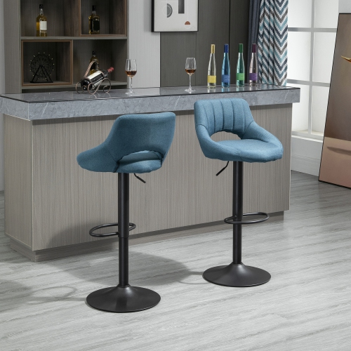HOMCOM Bar Stools Set of 2, Swivel Counter Height Barstools with Adjustable Height, Linen Upholstered Bar Chairs with Round Metal Base and Footrest,