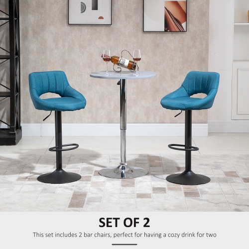 HOMCOM Bar Stools Set of 2, Swivel Counter Height Barstools with Adjustable Height, Linen Upholstered Bar Chairs with Round Metal Base and Footrest,