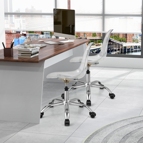 Costway Set of 2 Rolling Acrylic Armless Desk Chair Swivel Vanity Ghost Chair Adjustable