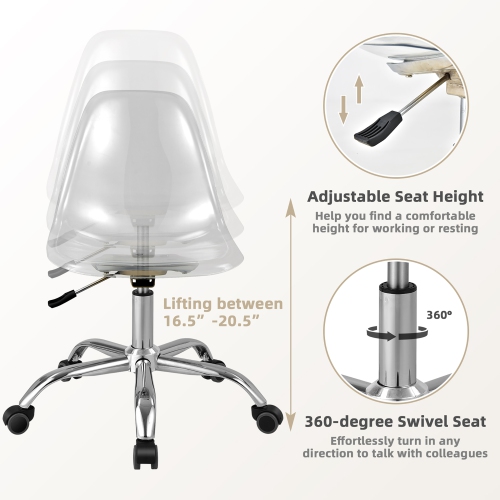 Costway Set of 2 Rolling Acrylic Armless Desk Chair Swivel Vanity Ghost Chair Adjustable