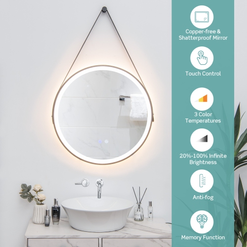 costway 24" Round LED Bathroom Mirror 3 Color Modes Anti-Fog Wall Mounted Hanging Mirror