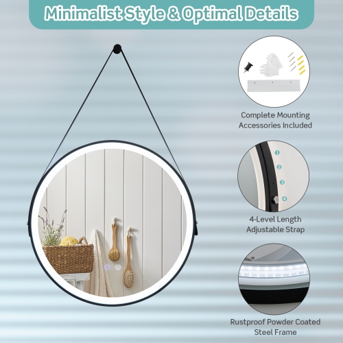 costway 24" Round LED Bathroom Mirror 3 Color Modes Anti-Fog Wall Mounted Hanging Mirror