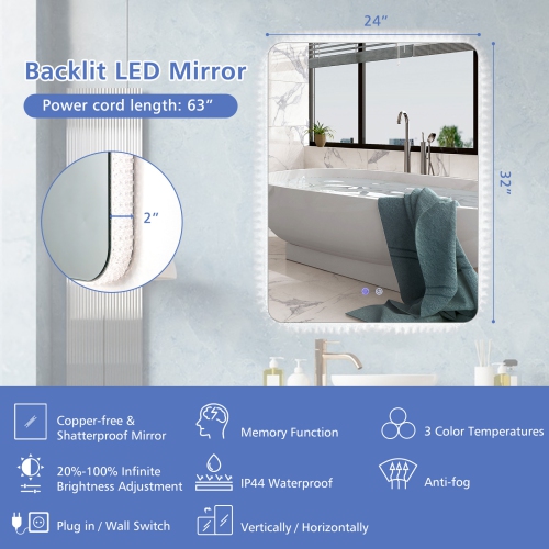 Costway – Miroir de salle de bain rétroéclairé à DEL de 32 x x24 po avec cadre en cristal imité à 3 couleurs antibuée