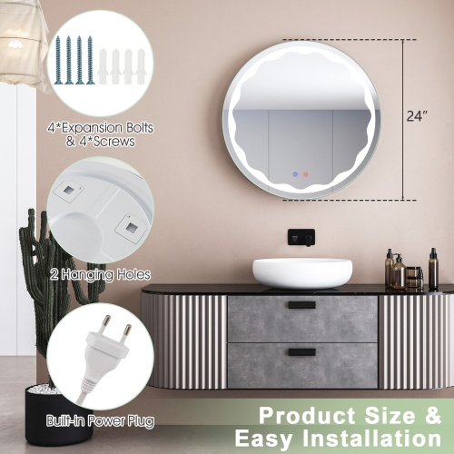 Costway 24" Bathroom Round LED Mirror Anti-Fog 3-Color Light Modes Touch Button Makeup