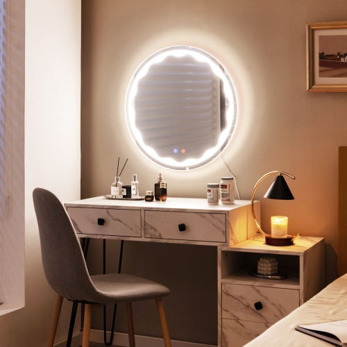 Costway 24" Bathroom Round LED Mirror Anti-Fog 3-Color Light Modes Touch Button Makeup