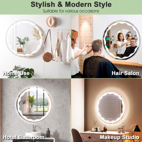 Costway 24" Bathroom Round LED Mirror Anti-Fog 3-Color Light Modes Touch Button Makeup