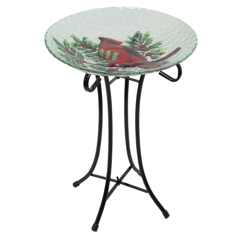 21" Red Cardinal and Pine Cone Glass Bird Bath with Stand