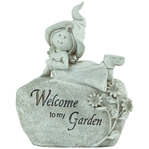NORTHLIGHT  7.5" Girl Laying On Rock "welcome to My Garden" Outdoor Garden Statue