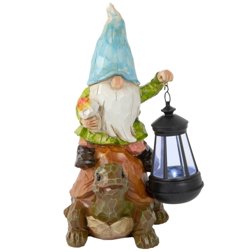 NORTHLIGHT  12.5" Solar Led Lighted Gnome And Turtle Outdoor Garden Statue