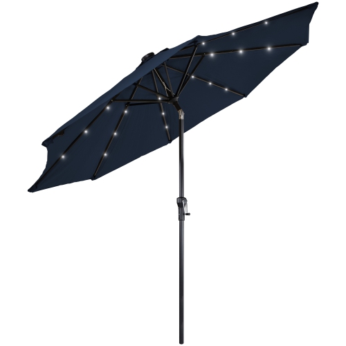 9ft Solar Lighted Outdoor Patio Market Umbrella with Hand Crank and Tilt, Navy Blue