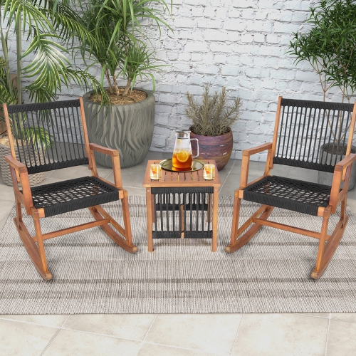 Costway 3pcs Patio Acacia Wood Bistro Table Rocking Chair Set All-Weather Rope Outdoor