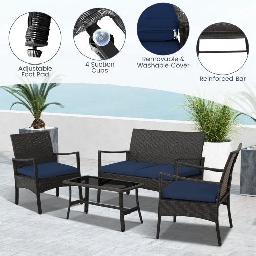 Costway 8PCS Patio Rattan Wicker Furniture Set Cushioned Sofa Armrest Coffee Table Navy