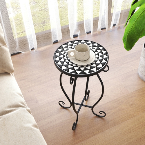 Costway Mosaic Outdoor Side Table, Round End Table with Weather Resistant Ceramic Tile Tabletop