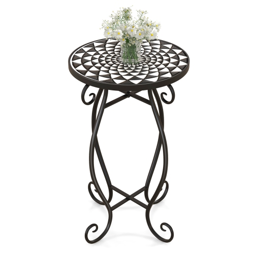 Costway Mosaic Outdoor Side Table, Round End Table with Weather Resistant Ceramic Tile Tabletop